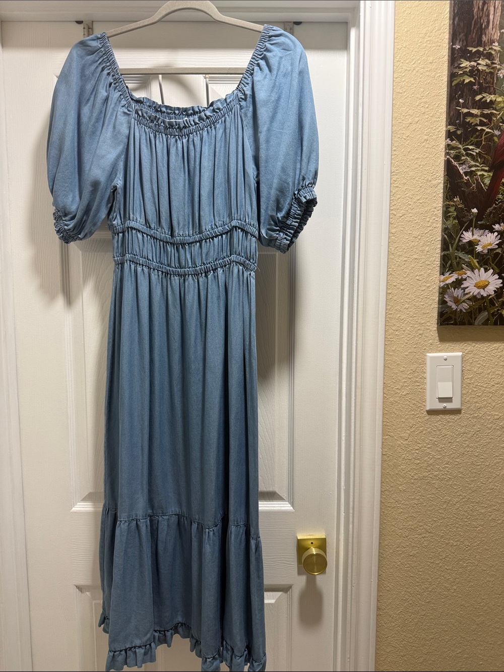 Blue Smocked Maxi Dress with Puff Sleeves